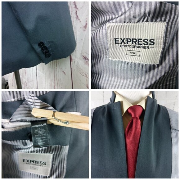 Express Photographer Fitted 40R 2 Button Gray Suit Blazer Sport Coat - Picture 10 of 13